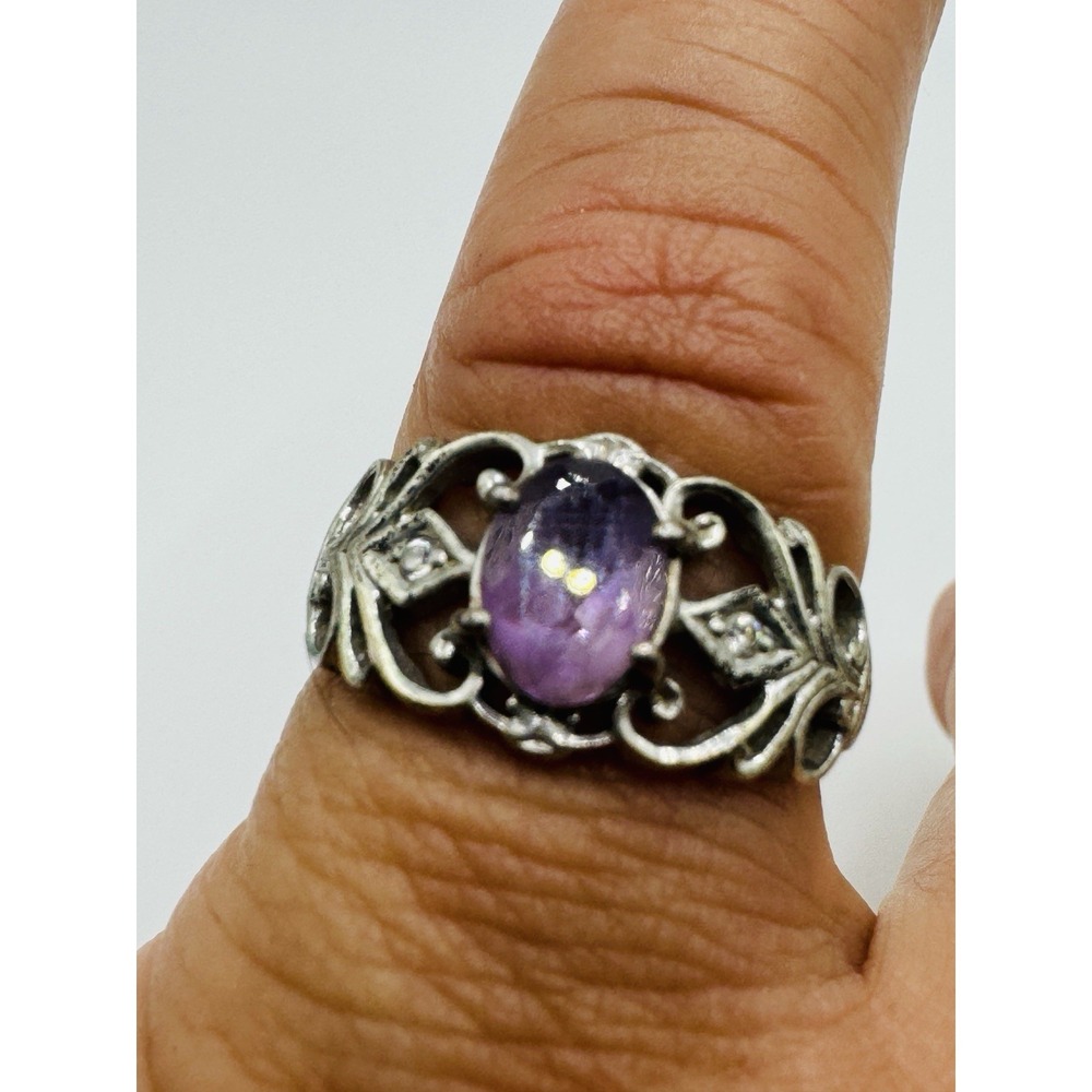 RJ 7 Purple Cabochon Scroll Ring Size 7 Silver Tone Vintage Style